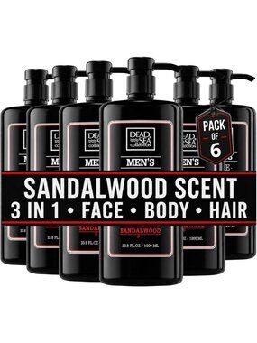 6-Pack Sandalwood Men's 3-in-1 Body Wash, Hair & Face Cleanser, Spa Quality